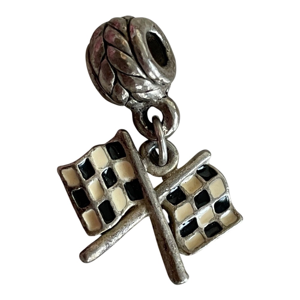 Silver Racing Checkered Flag Dangle Charm Pendant Bead Black White Enamel Auto